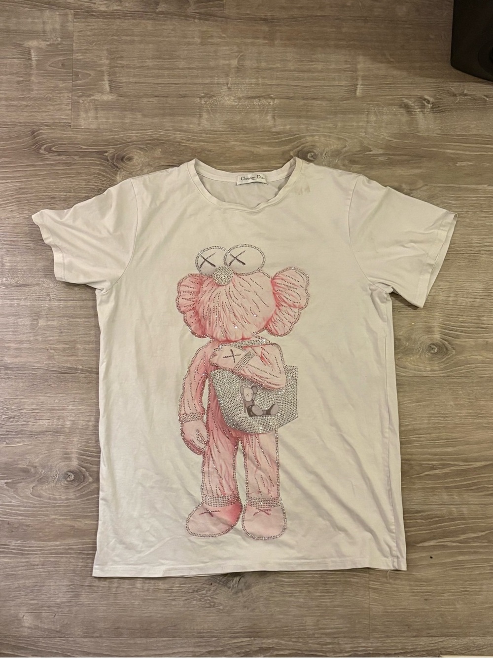 Dior x Kaws Collab White Tee with Pink Character Graphic